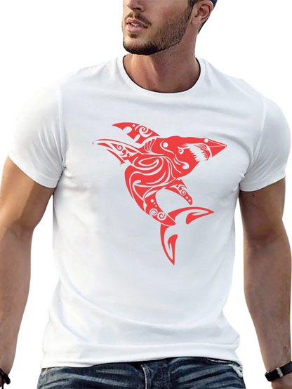 Red Tribal Shark Graphic Tee - Black Cotton Blend