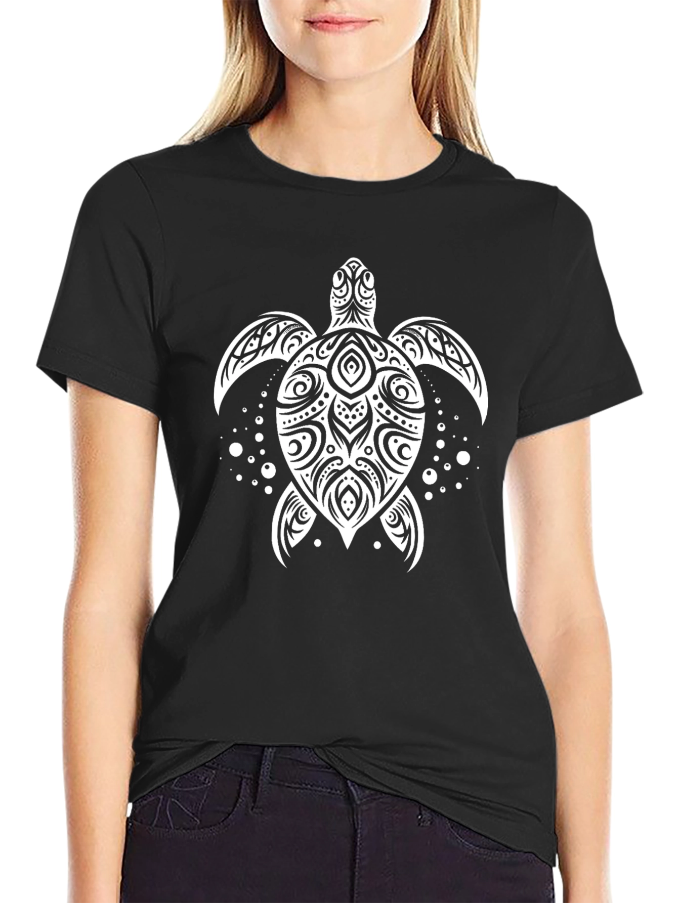 Tribal Turtle Graphic Tee - Black Cotton Shirt