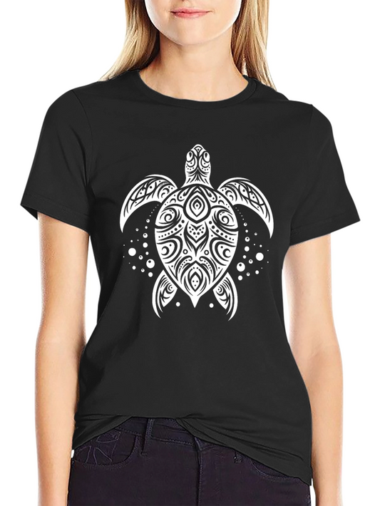 Tribal Turtle Graphic Tee - Black Cotton Shirt