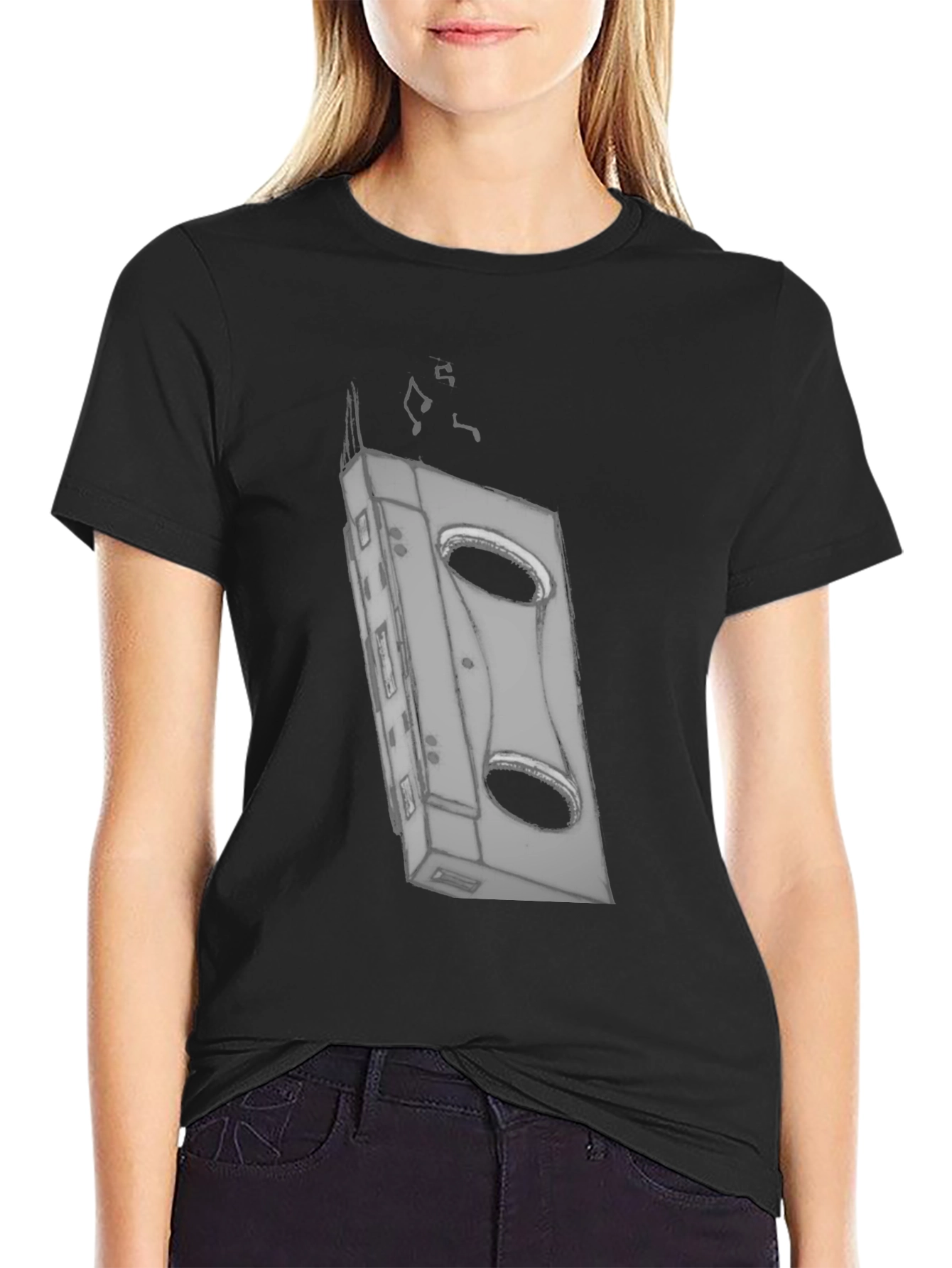 Retro Cassette Tape Graphic Tee - Black Cotton T-Shirt