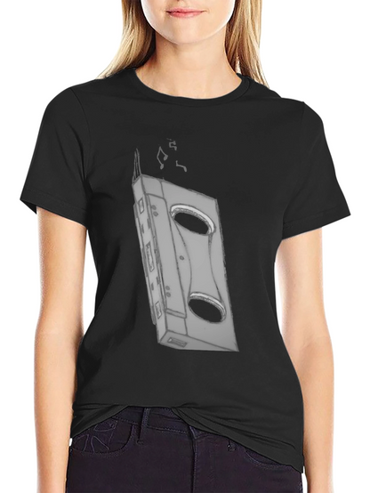 Retro Cassette Tape Graphic Tee - Black Cotton T-Shirt