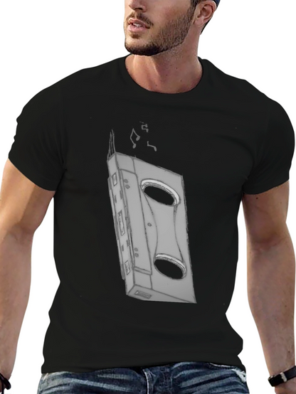 Retro Cassette Tape Graphic Tee - Black Cotton T-Shirt