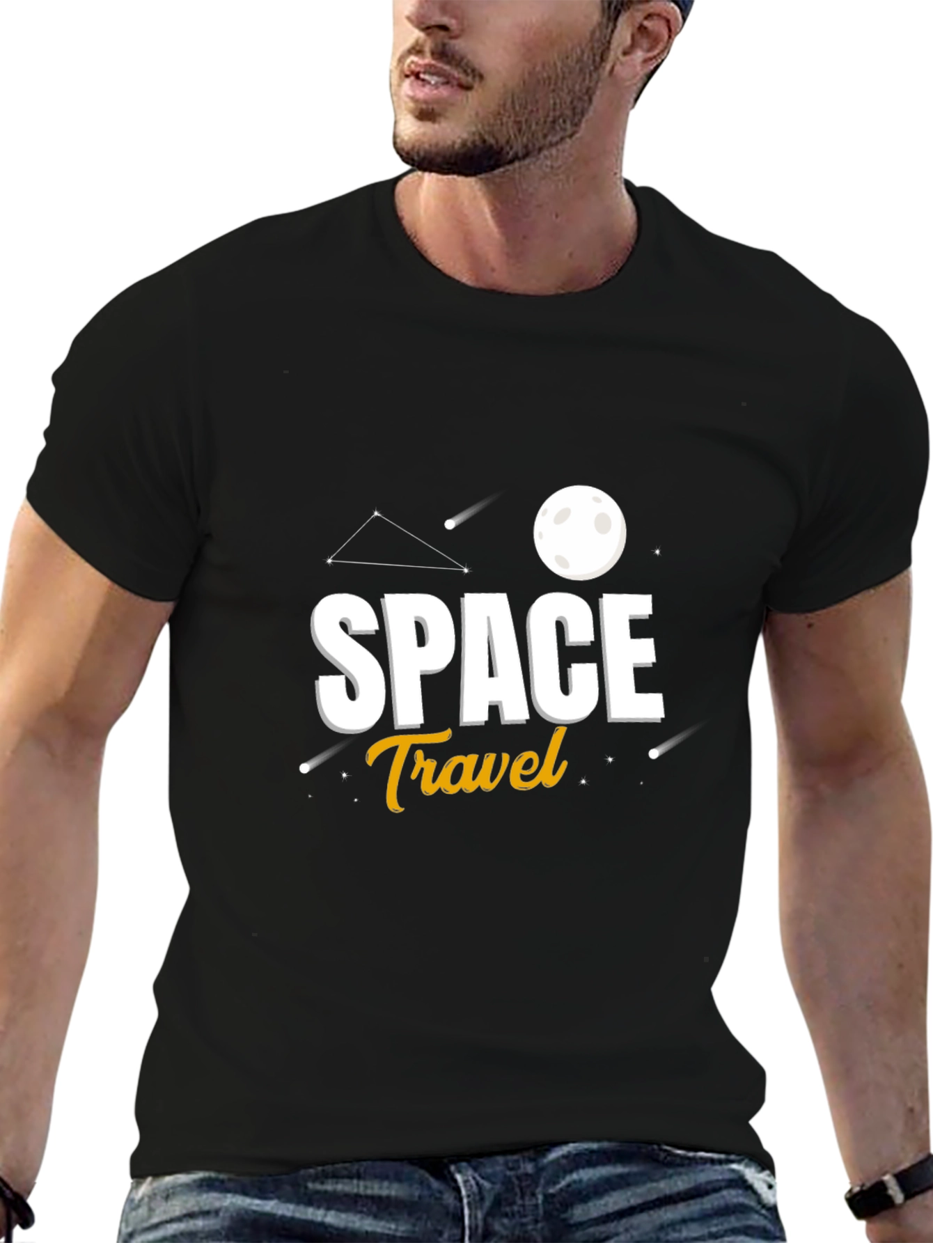 Space Travel Graphic Print Black T-Shirt