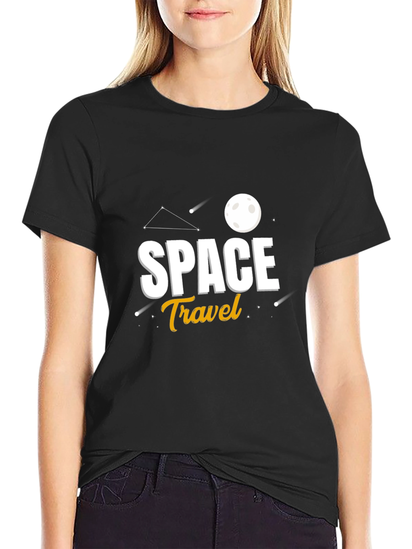 Space Travel Graphic Print Black T-Shirt
