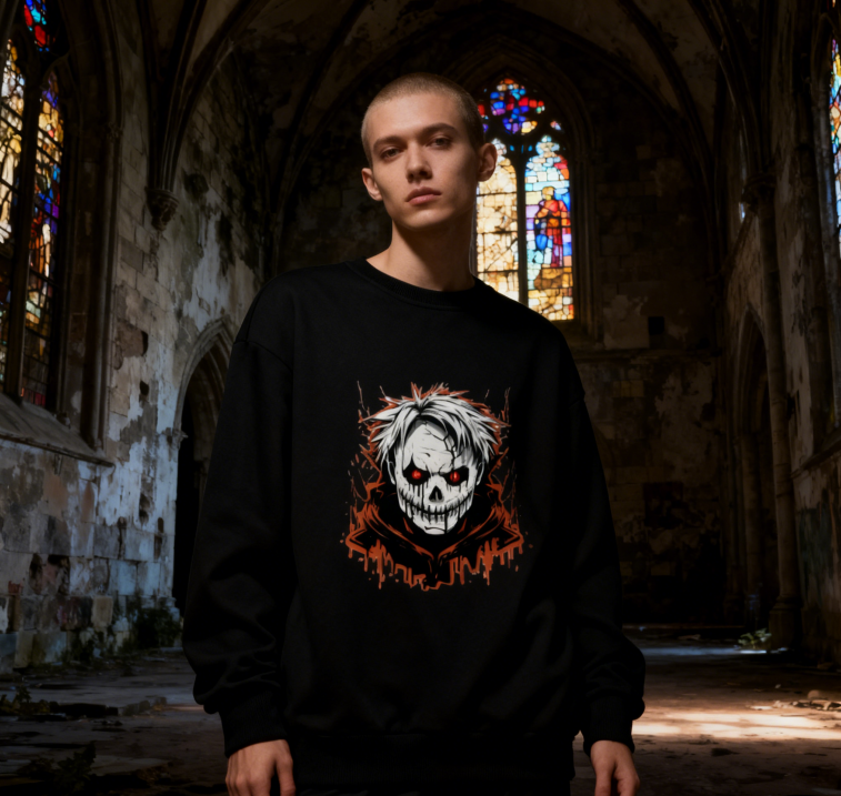 Horror-Themed Skull Graphic Crewneck with Dripping Effects