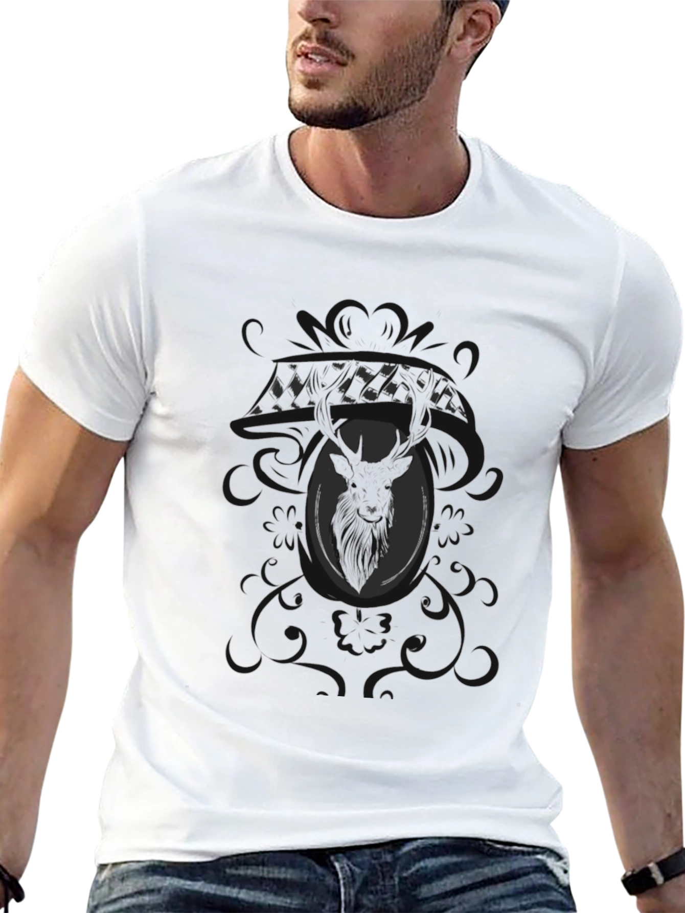 Mens Black Graphic Tee - Deer Motif