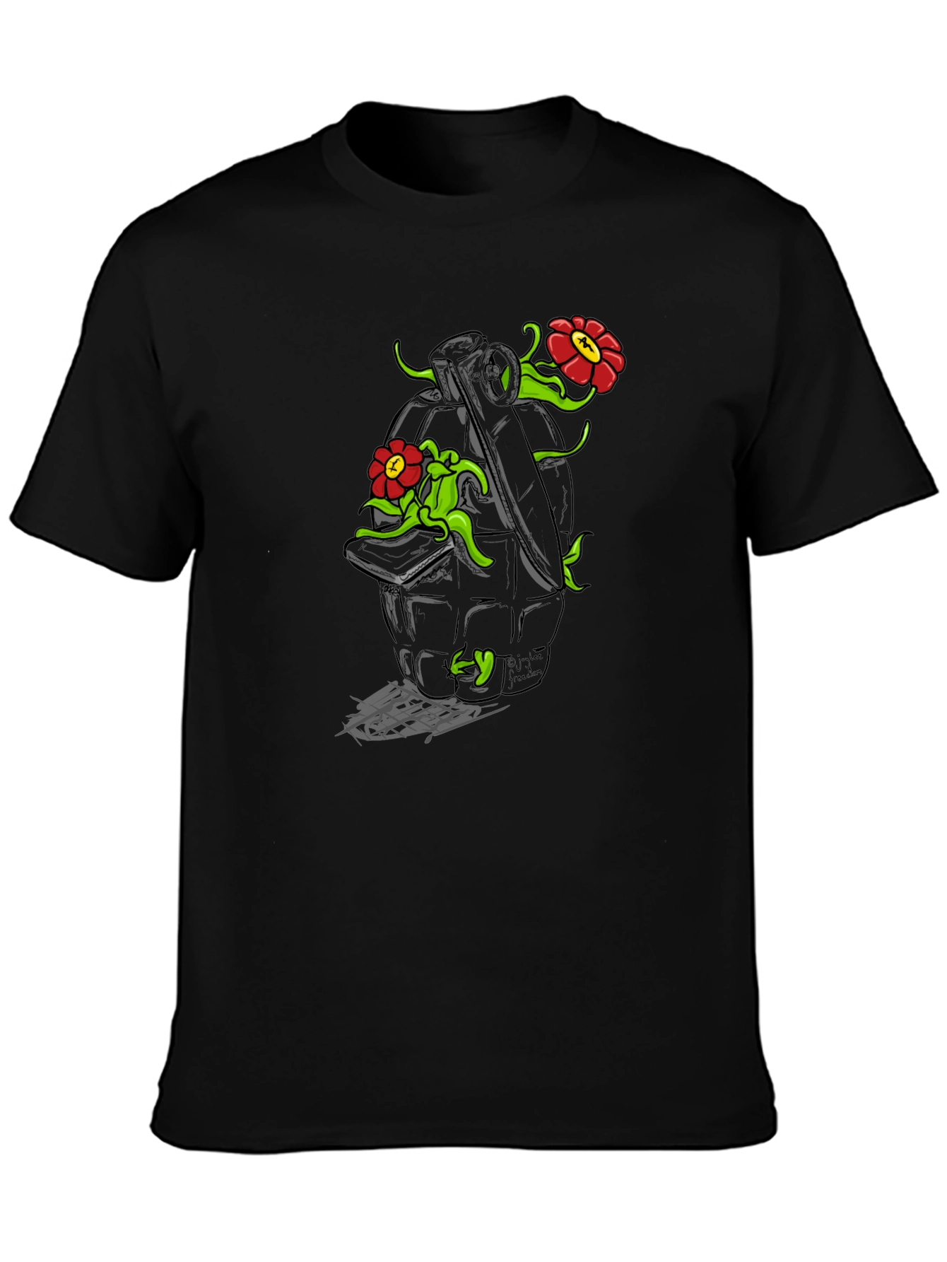 Floral Grenade Graphic Tee - Black Cotton T-Shirt