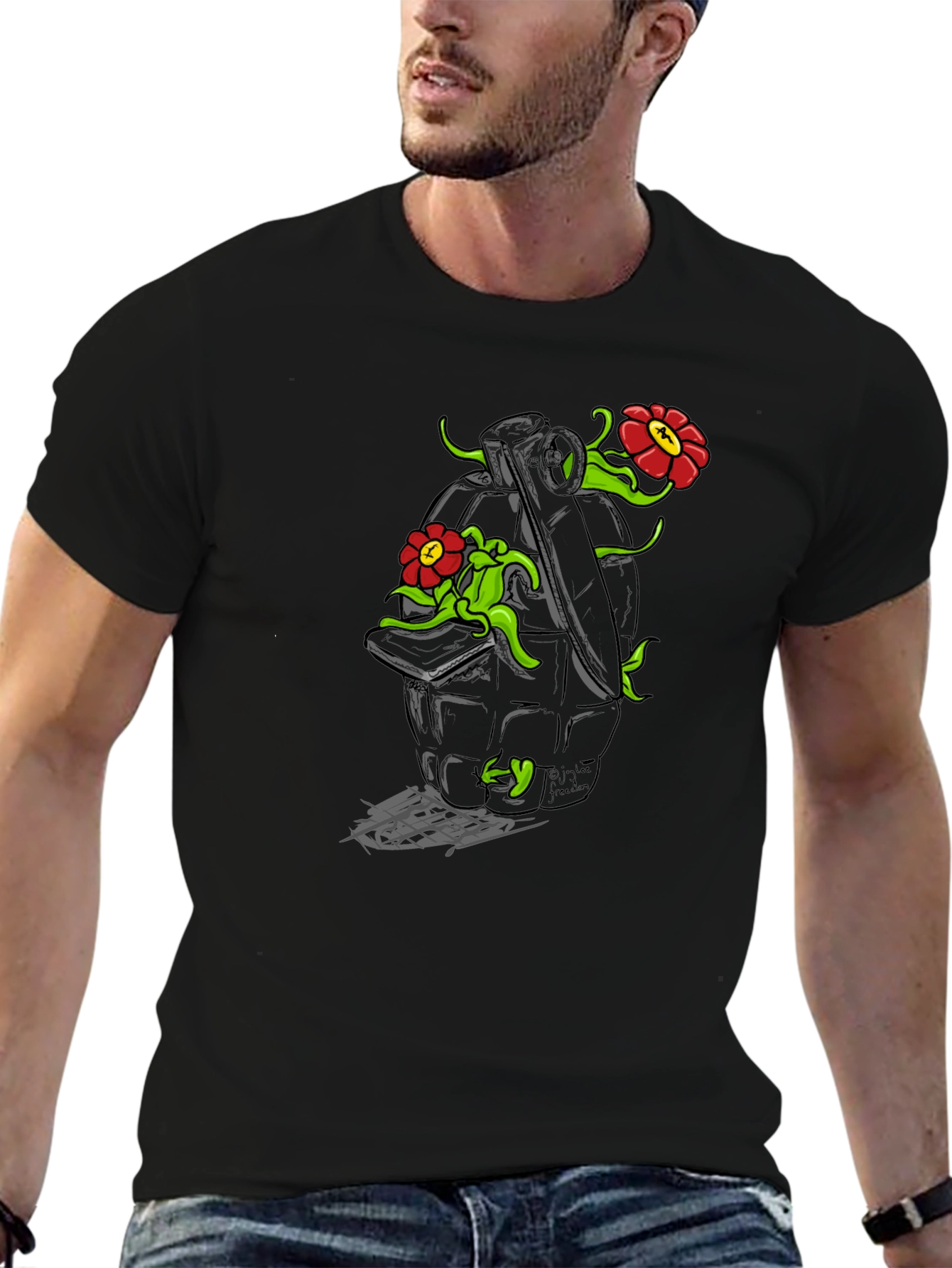 Floral Grenade Graphic Tee - Black Cotton T-Shirt