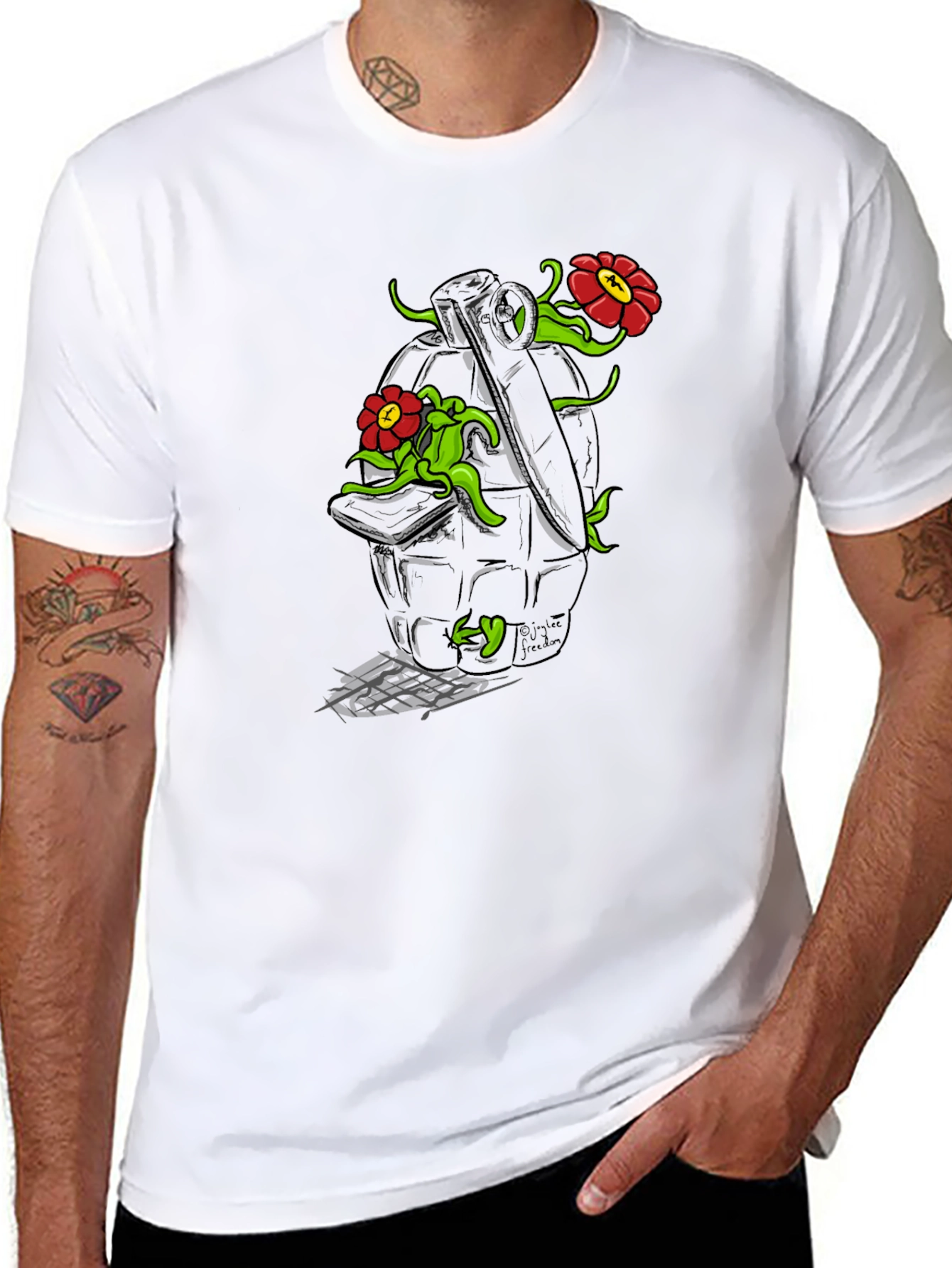 Floral Grenade Graphic Tee - Black Cotton T-Shirt