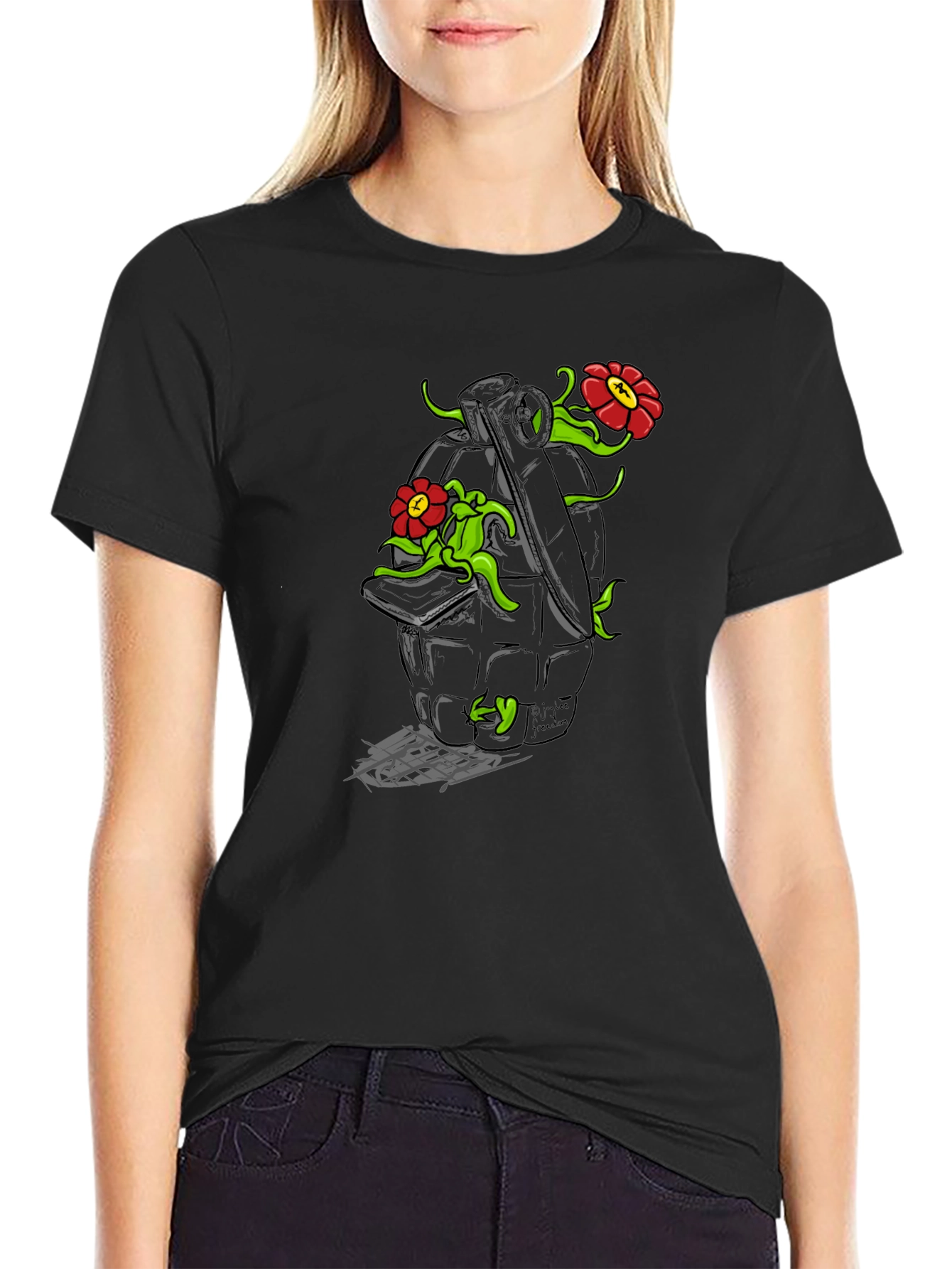 Floral Grenade Graphic Tee - Black Cotton T-Shirt