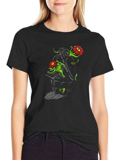 Floral Grenade Graphic Tee - Black Cotton T-Shirt