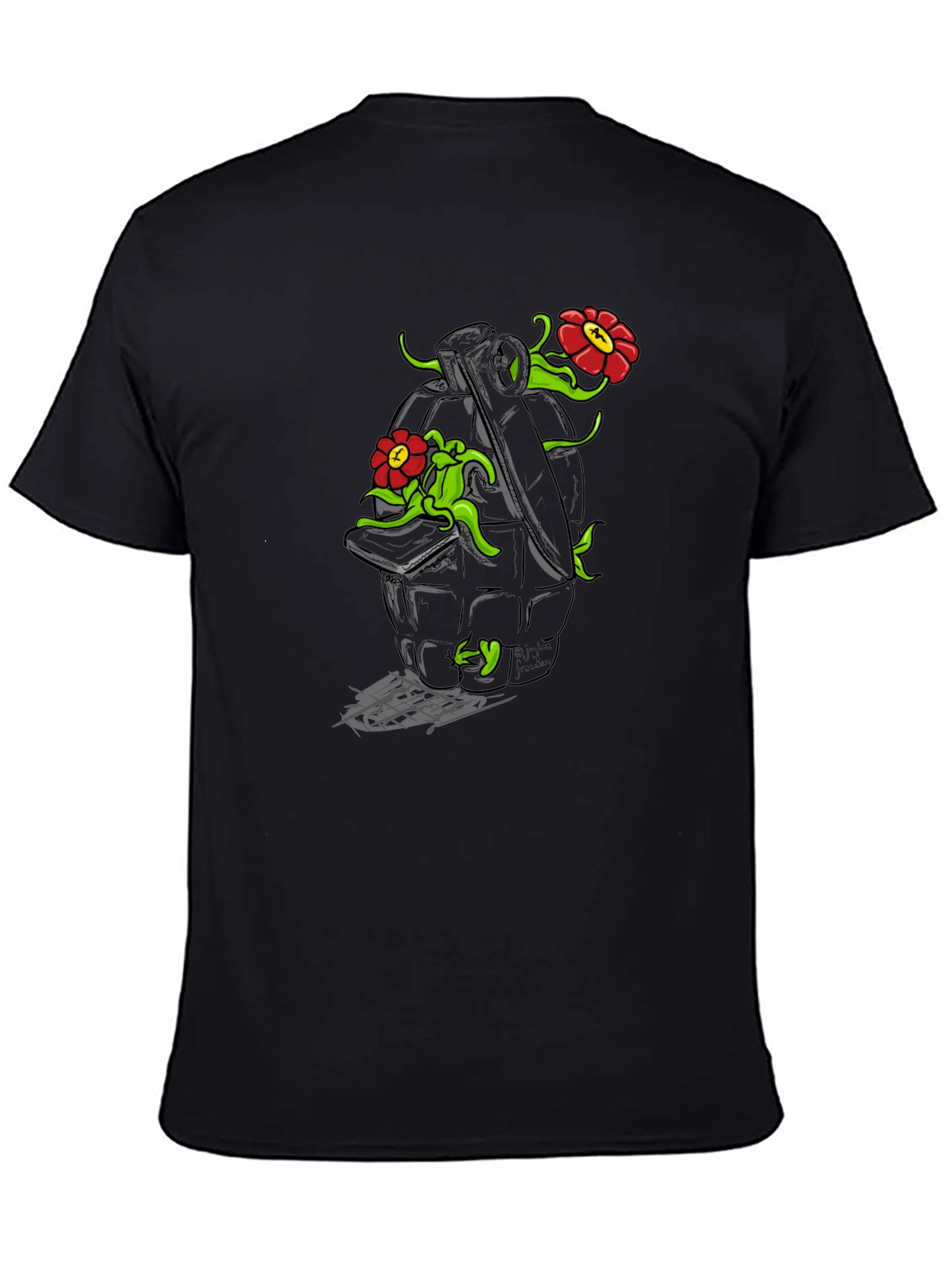 Floral Grenade Graphic Tee - Black Cotton T-Shirt