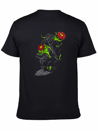 Floral Grenade Graphic Tee - Black Cotton T-Shirt