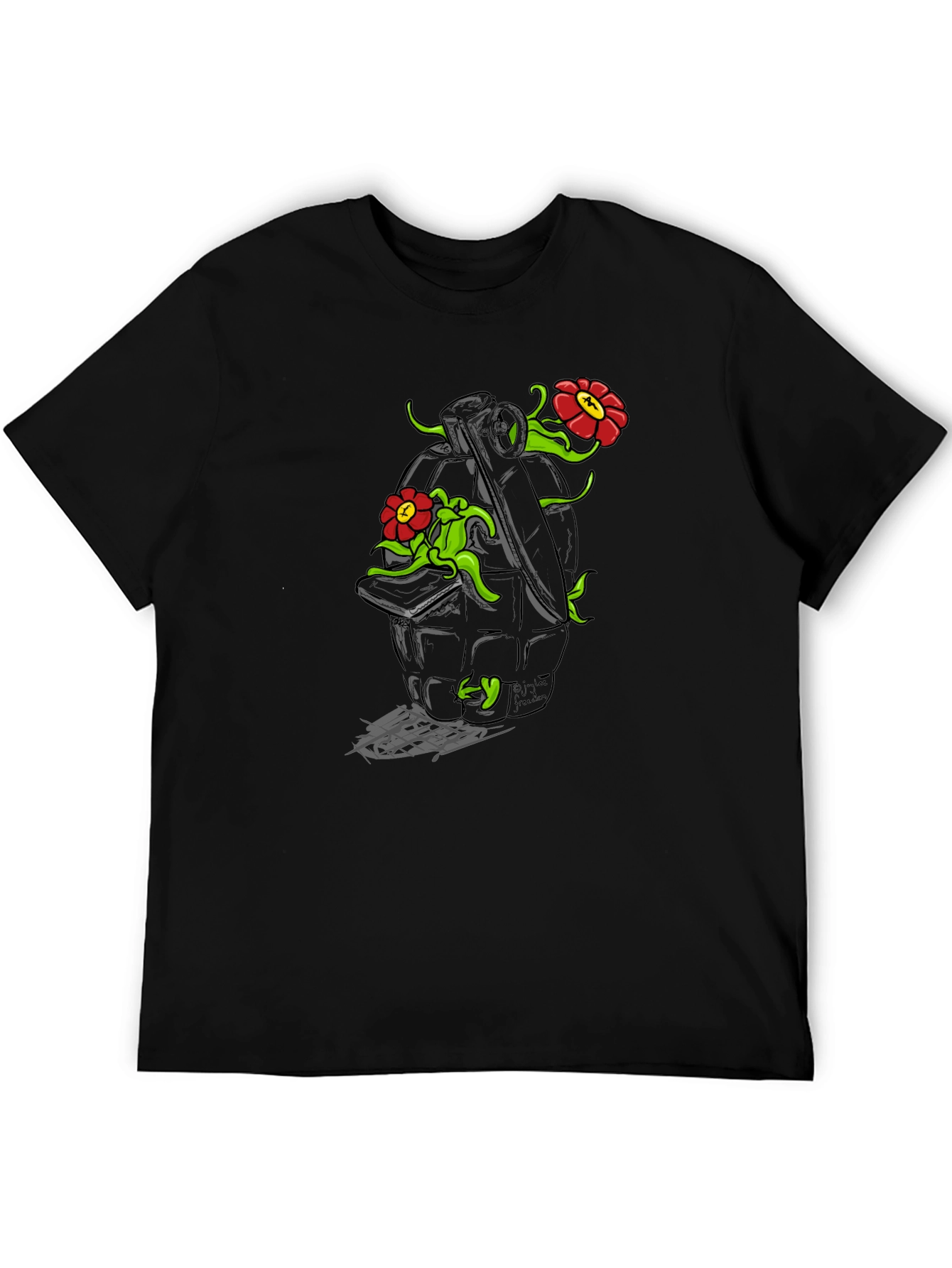 Floral Grenade Graphic Tee - Black Cotton T-Shirt