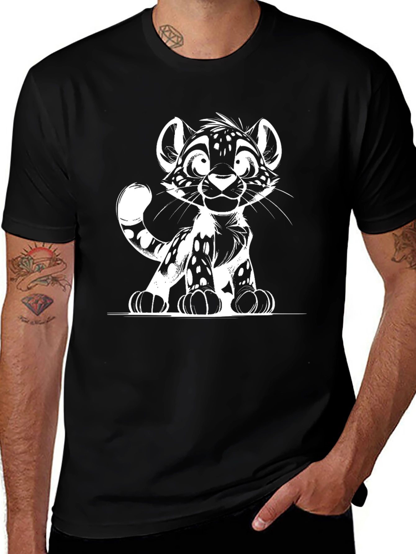 Cute Cartoon Leopard Graphic Black T-Shirt