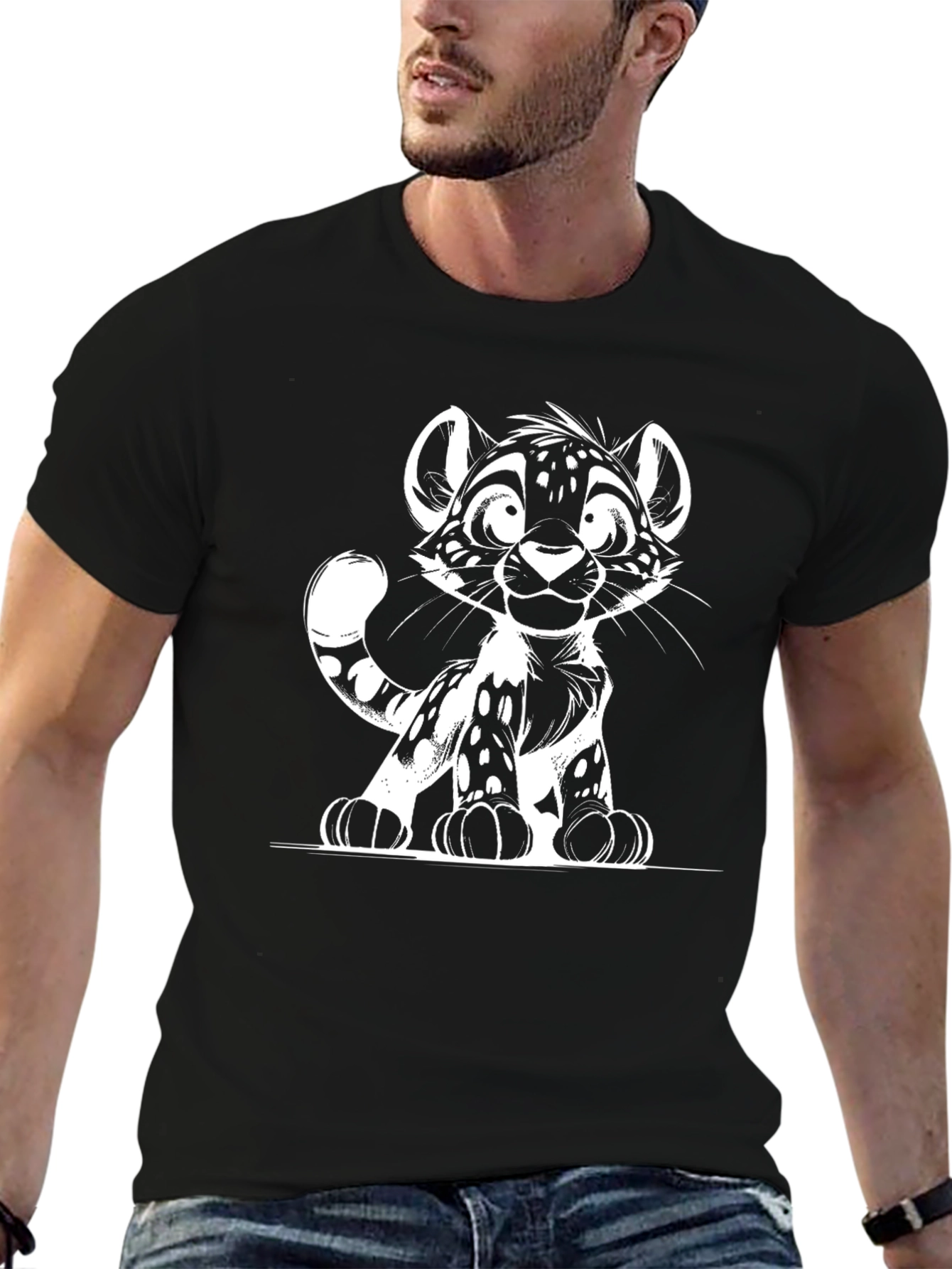 Cute Cartoon Leopard Graphic Black T-Shirt