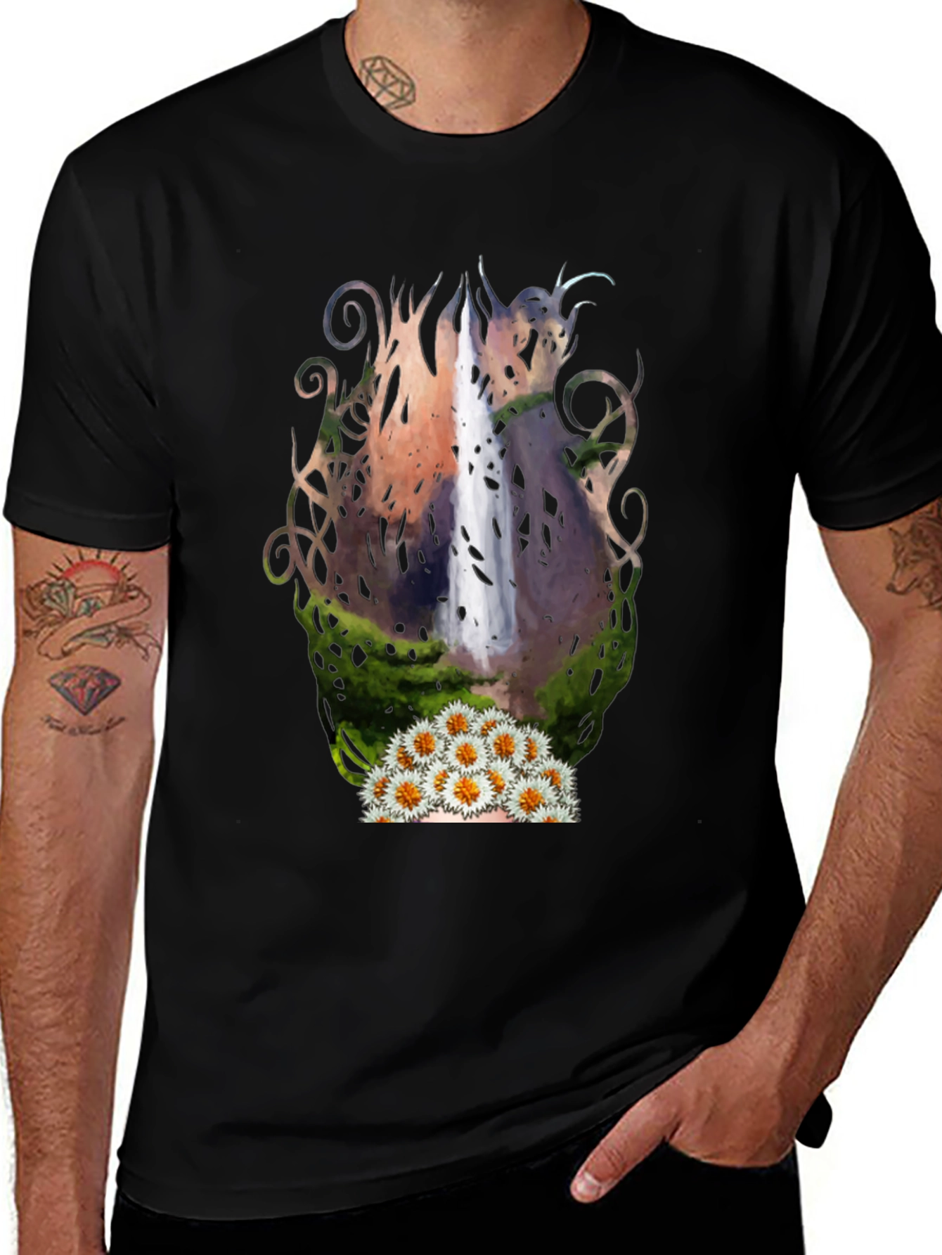Waterfall & Daisy Graphic Black Tee