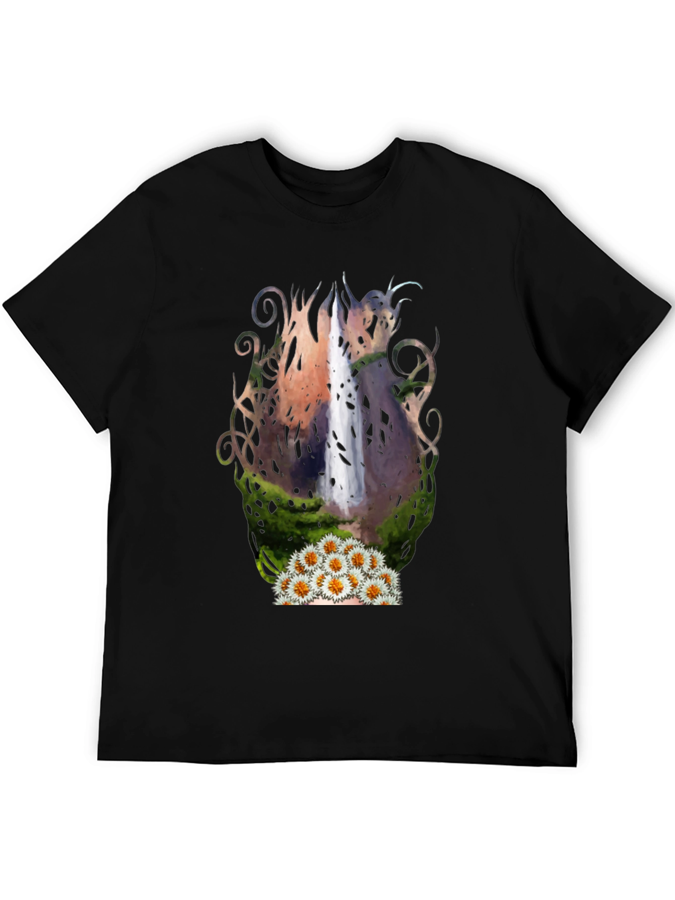 Waterfall & Daisy Graphic Black Tee