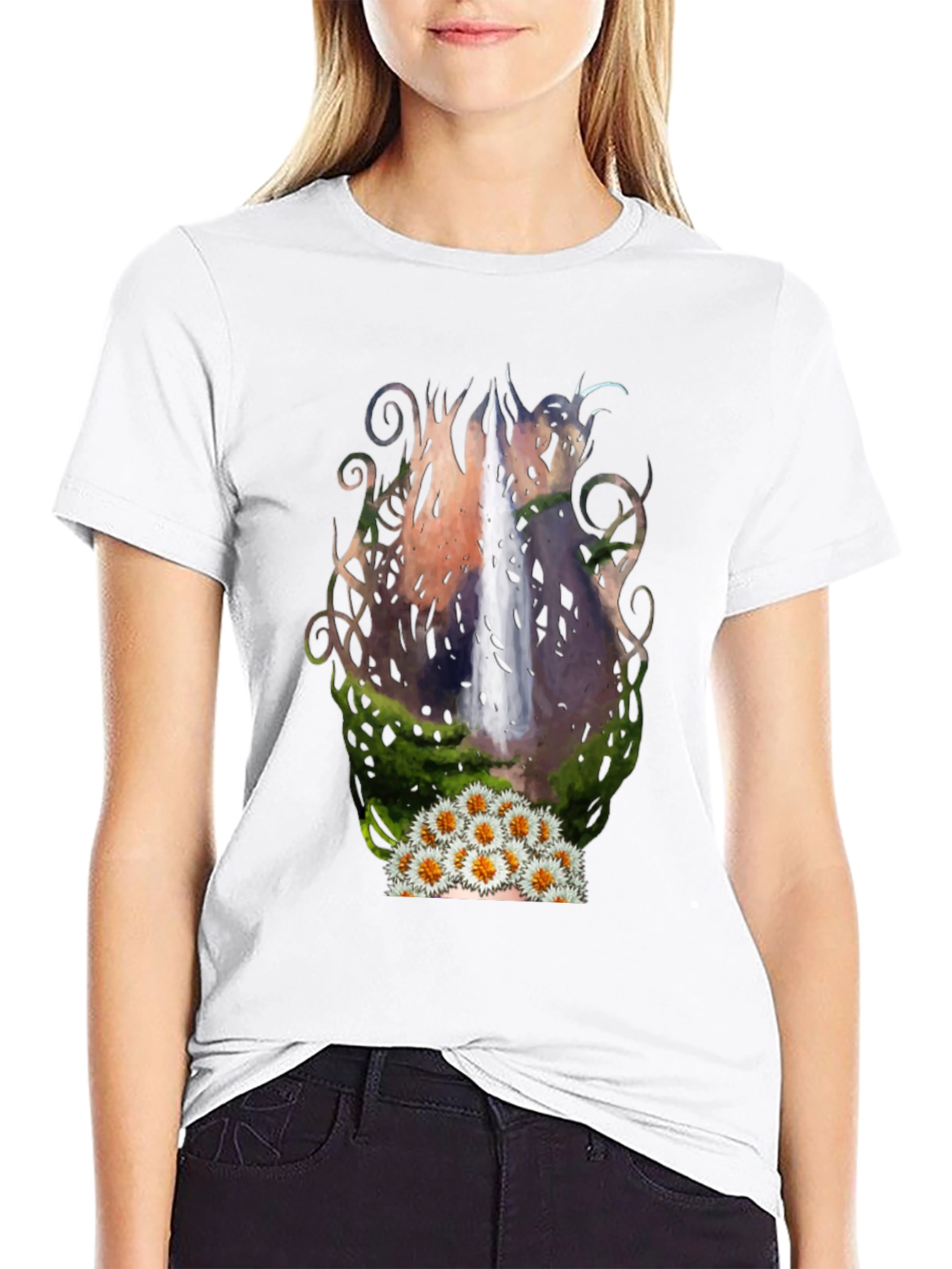 Waterfall & Daisy Graphic Black Tee