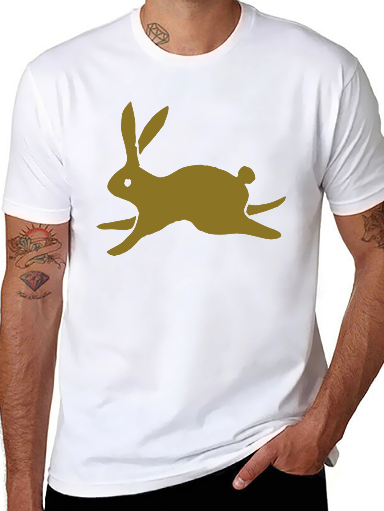 Black T-Shirt with Gold Rabbit Print