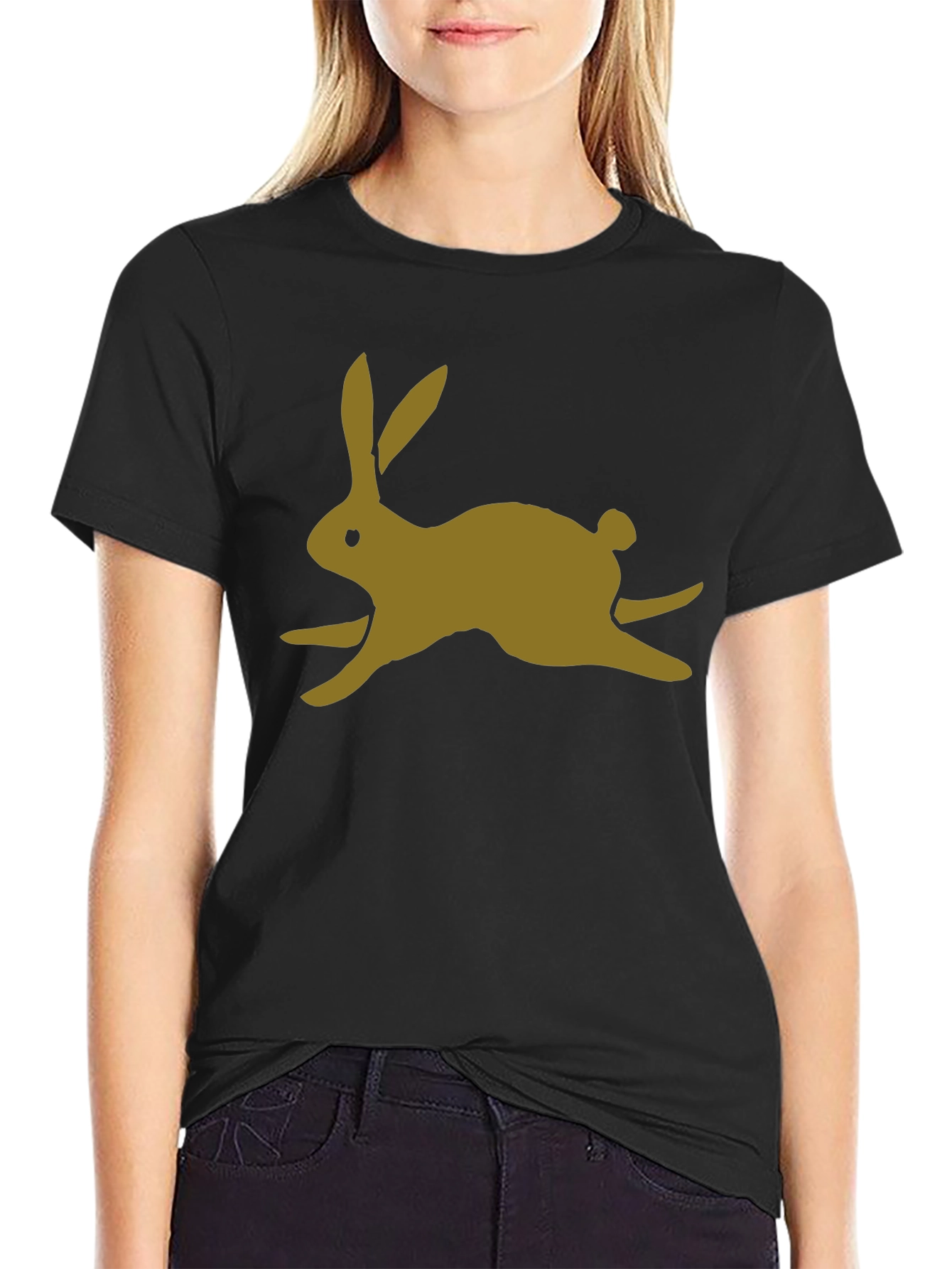 Black T-Shirt with Gold Rabbit Print