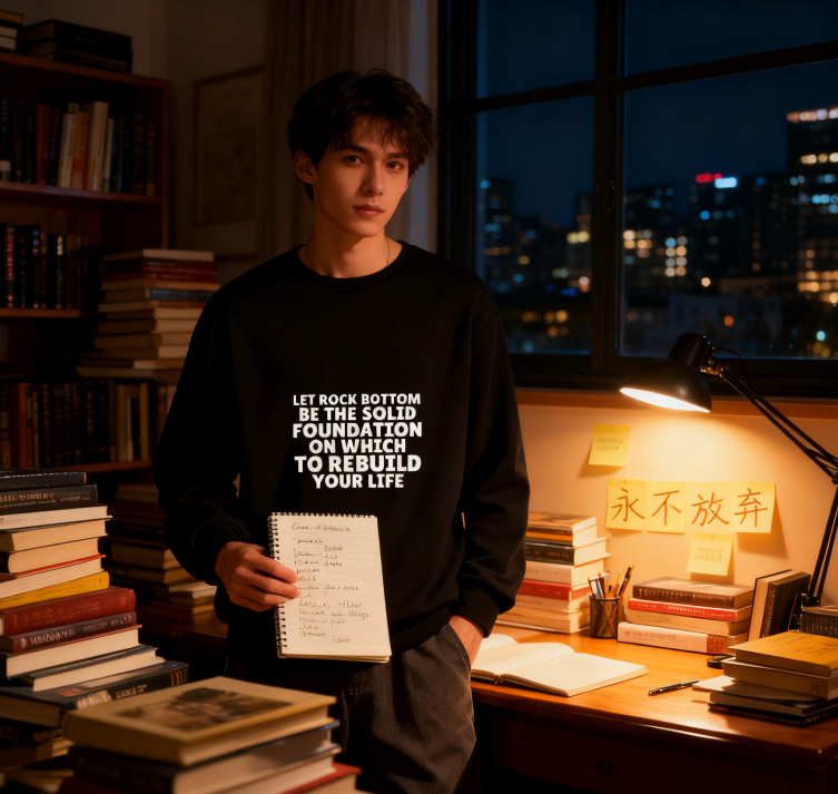 Playful "Rock Bottom As Foundation" Motivational Graphic Sweatshirt