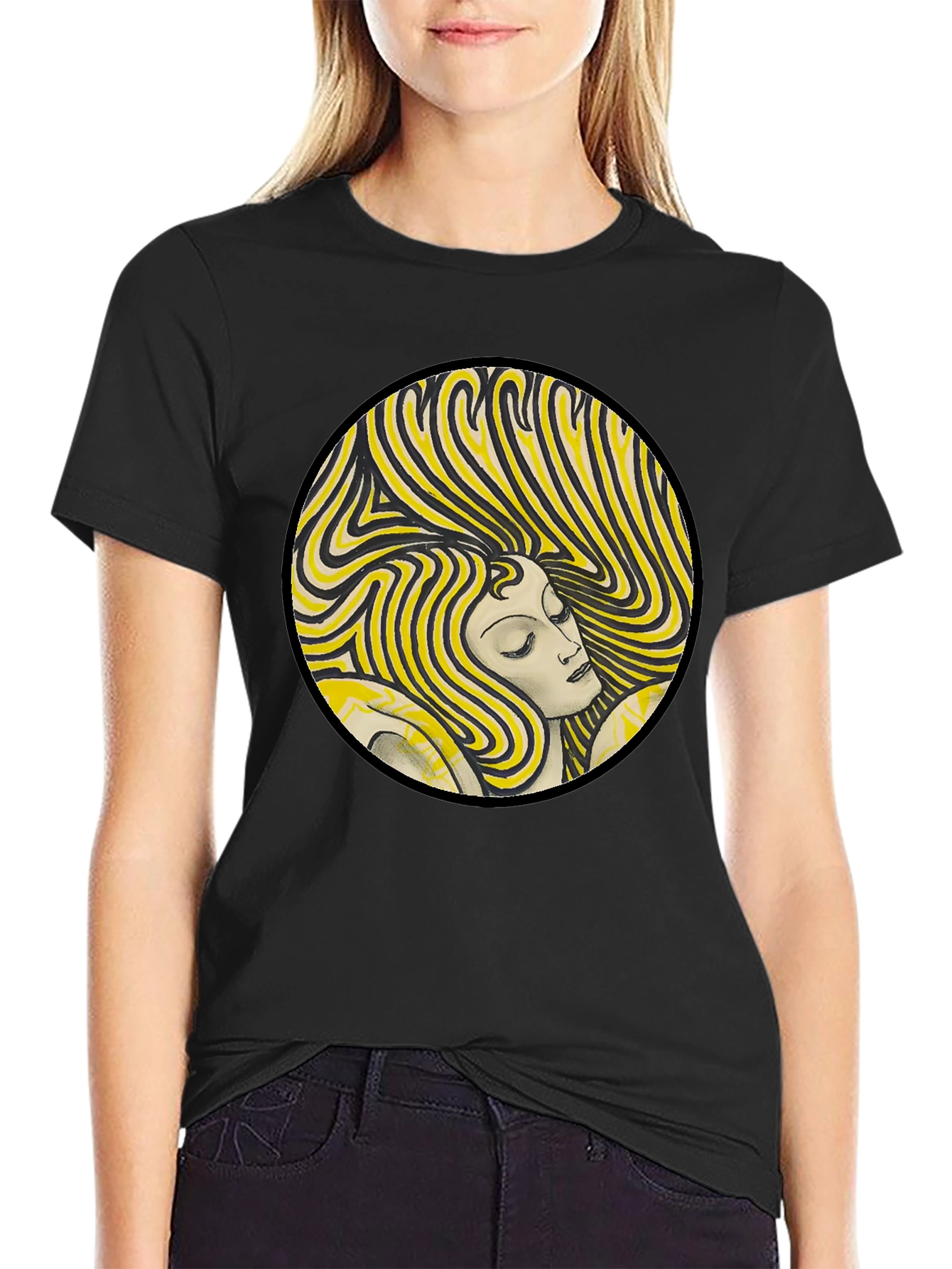 Retro Woman Graphic Print Black T-Shirt