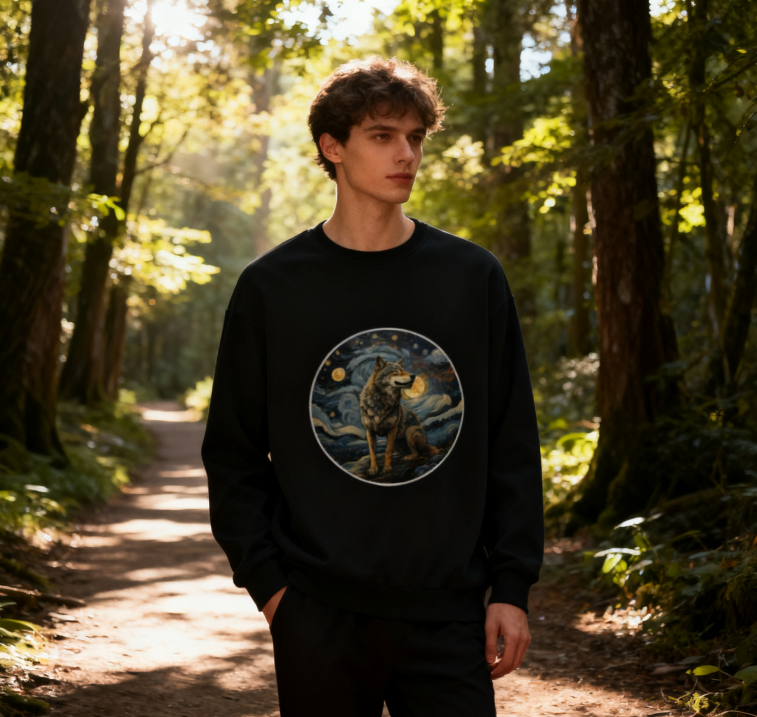 Starry Night Wolf Art Sweatshirt – Van Gogh-Inspired Wildlife Crewneck