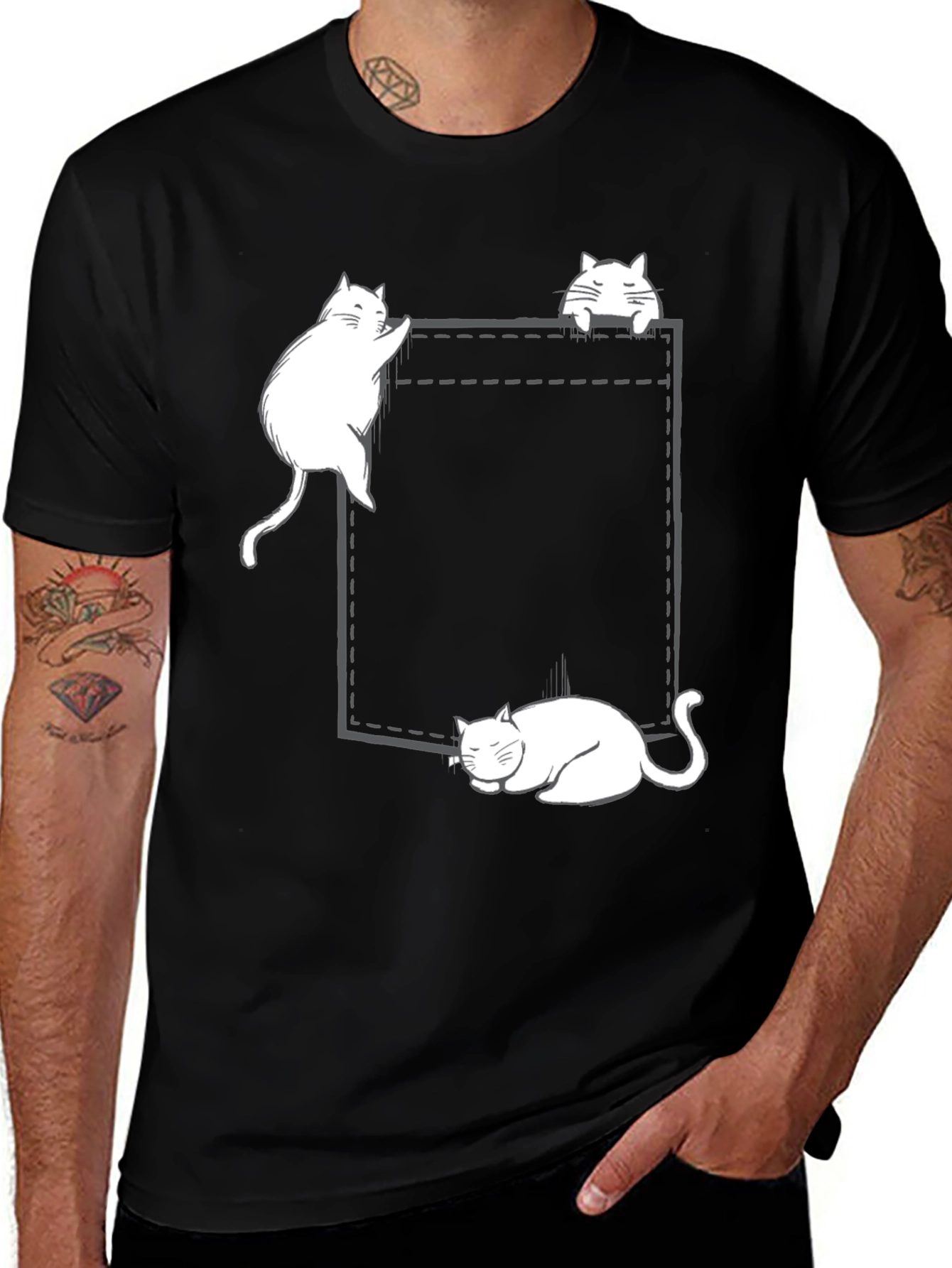 Cats in Pocket Graphic Tee - Black Cotton