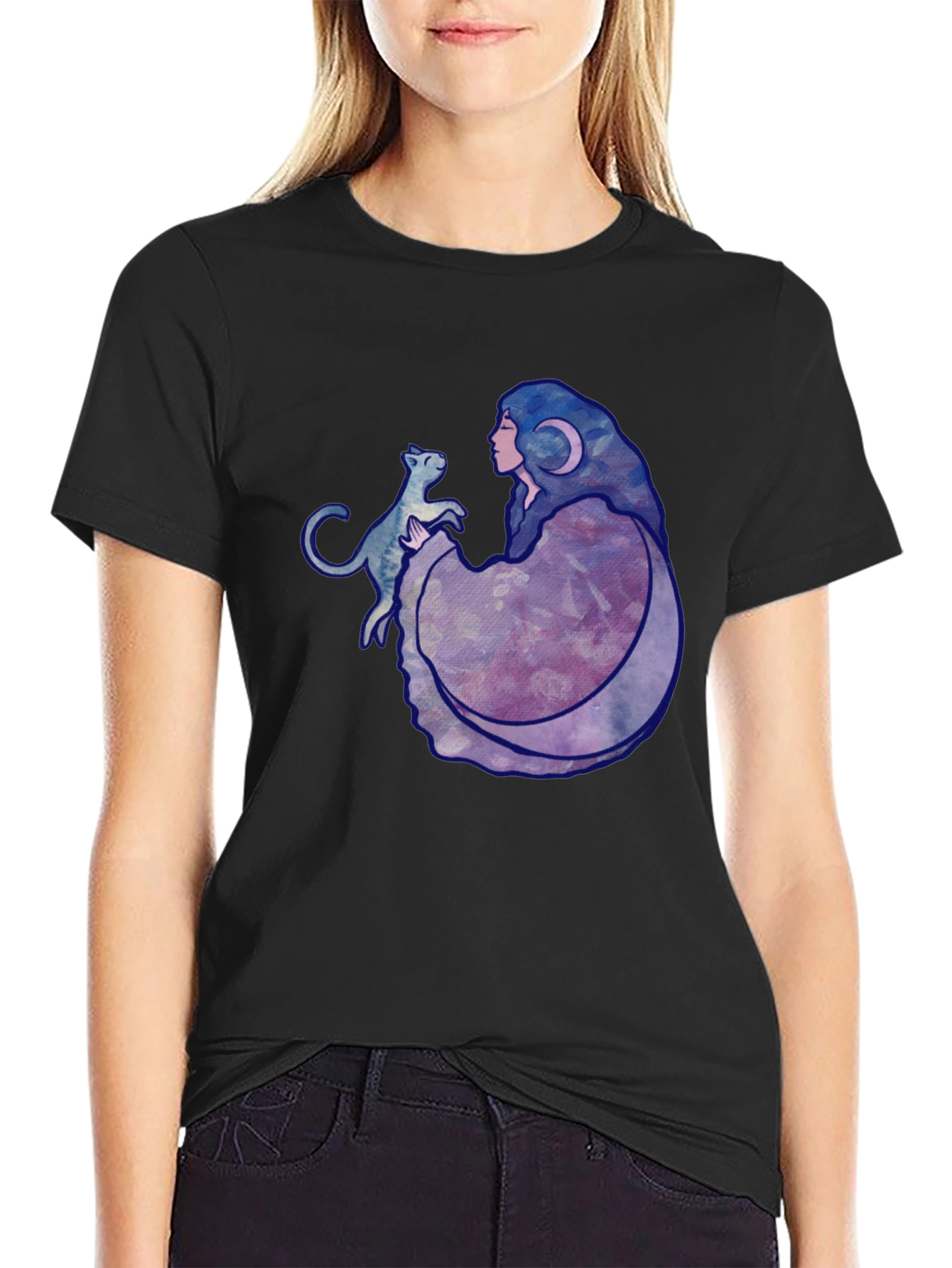 Moon Goddess Cat Graphic Black T-Shirt