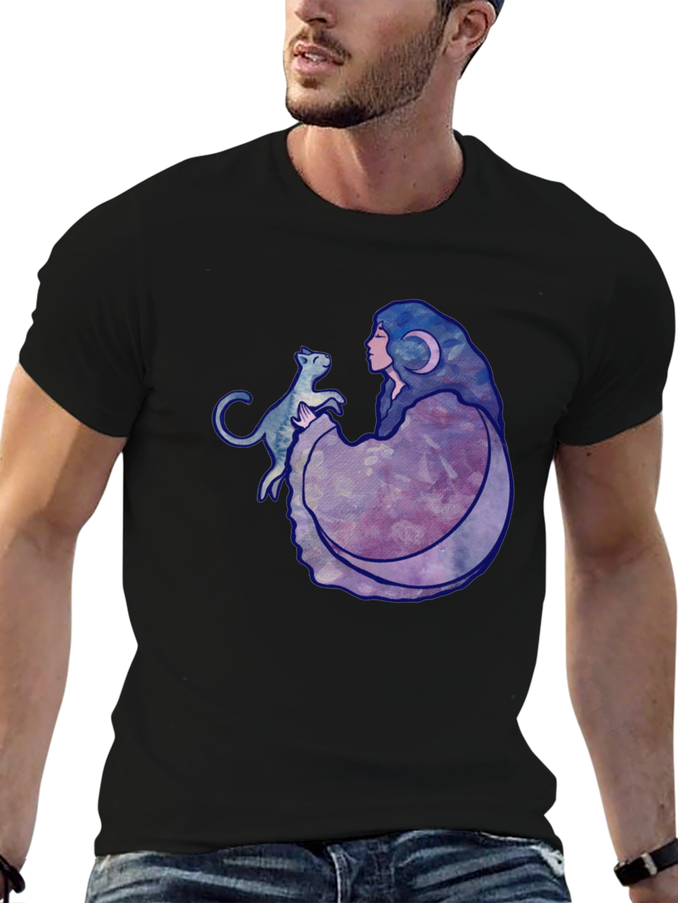 Moon Goddess Cat Graphic Black T-Shirt