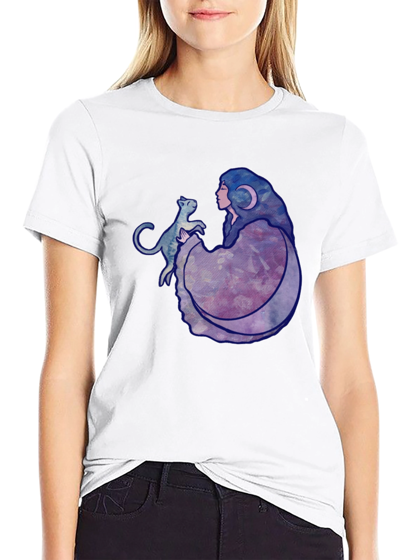 Moon Goddess Cat Graphic Black T-Shirt