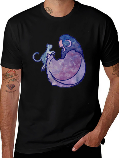 Moon Goddess Cat Graphic Black T-Shirt