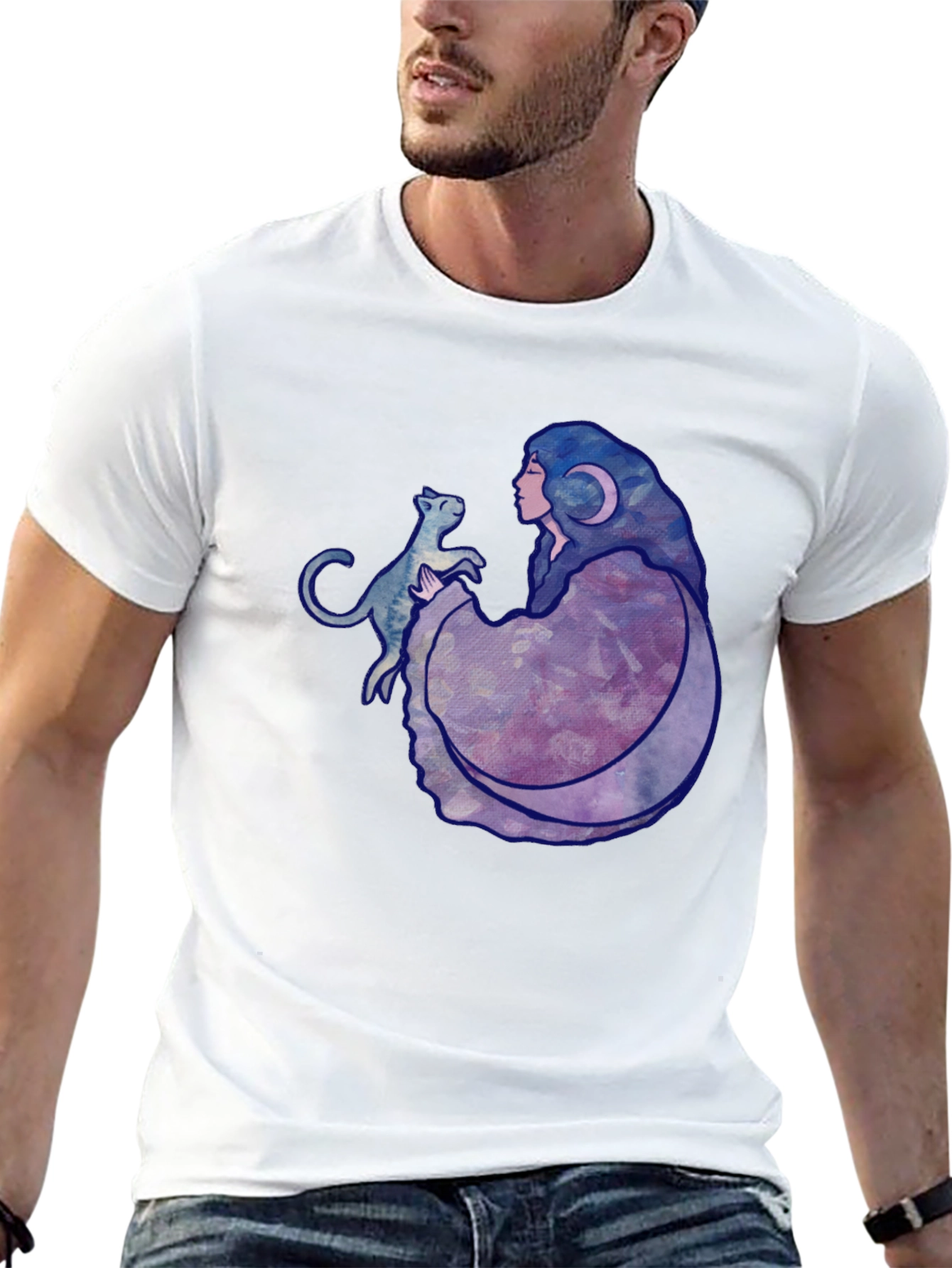 Moon Goddess Cat Graphic Black T-Shirt