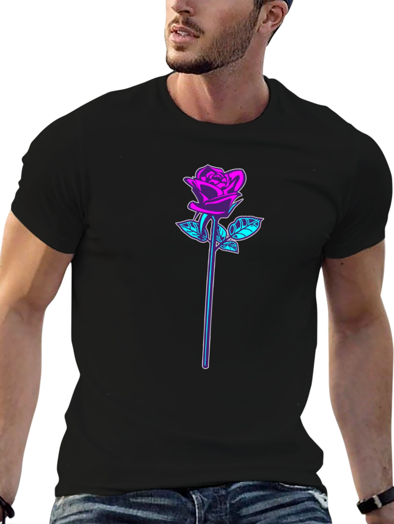 Neon Rose Graphic Black T-Shirt