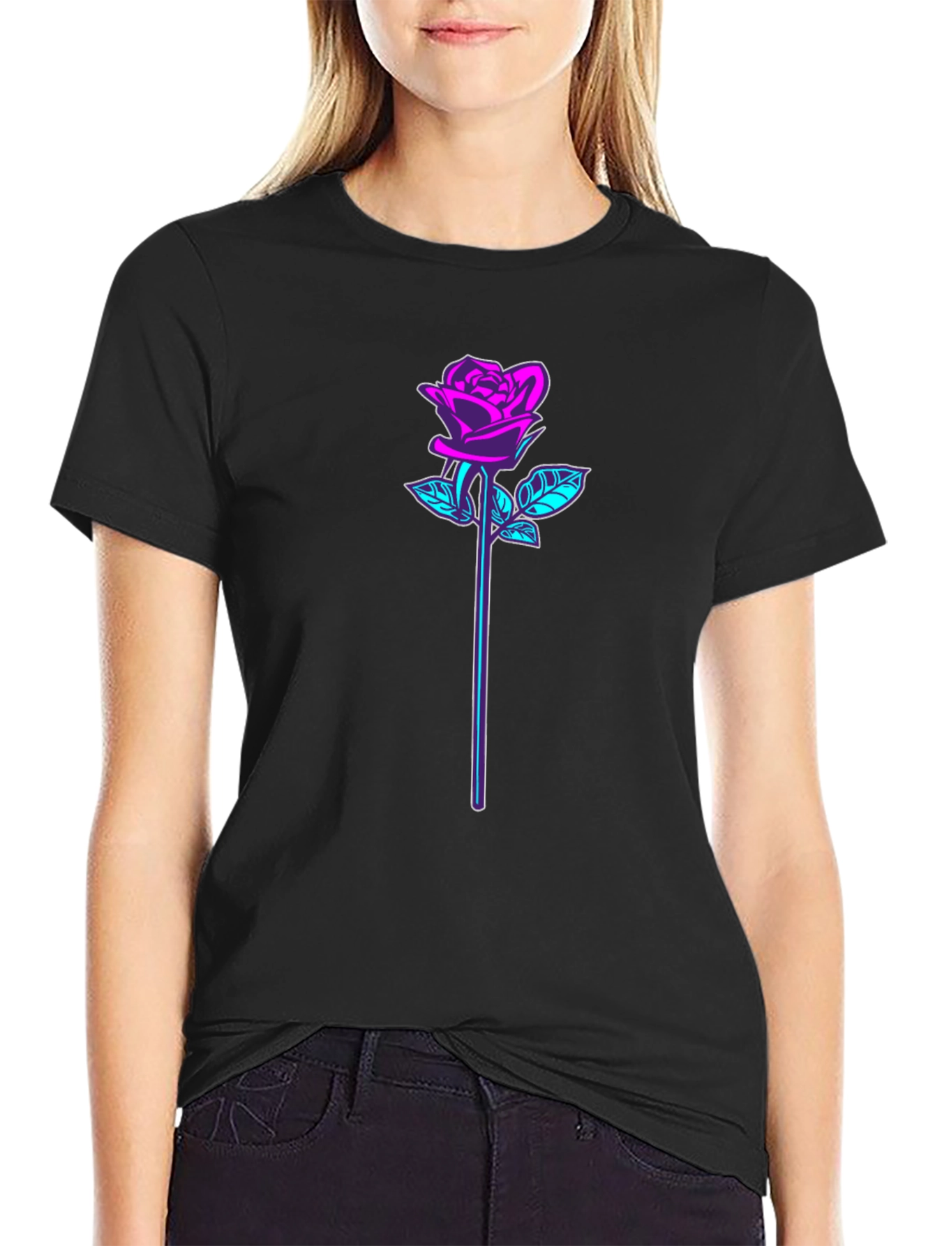 Neon Rose Graphic Black T-Shirt