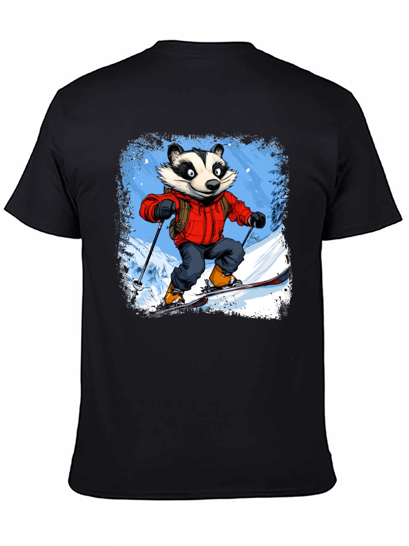 Skiing Badger Graphic Tee - Black Cotton Blend