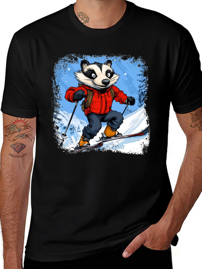 Skiing Badger Graphic Tee - Black Cotton Blend