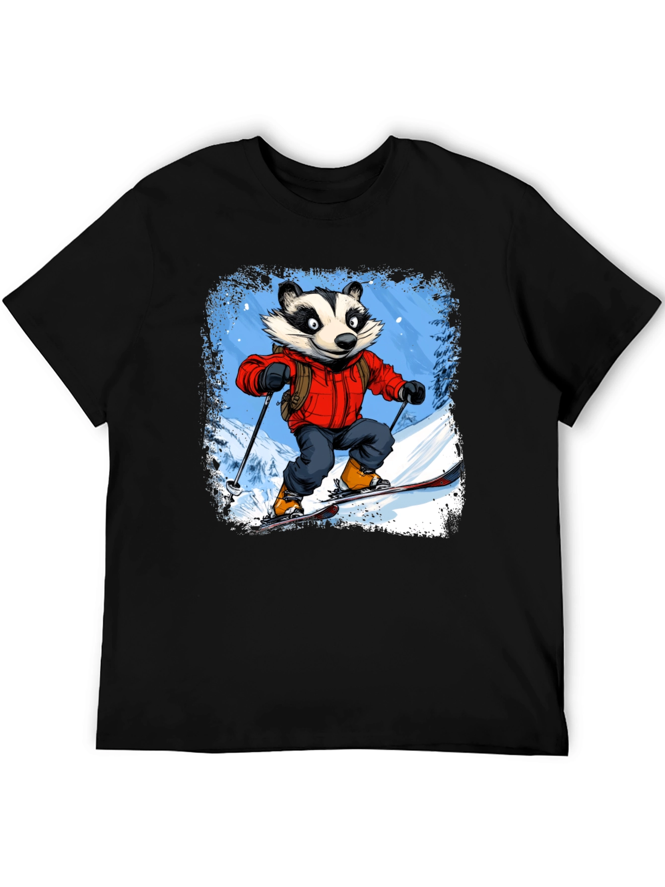Skiing Badger Graphic Tee - Black Cotton Blend