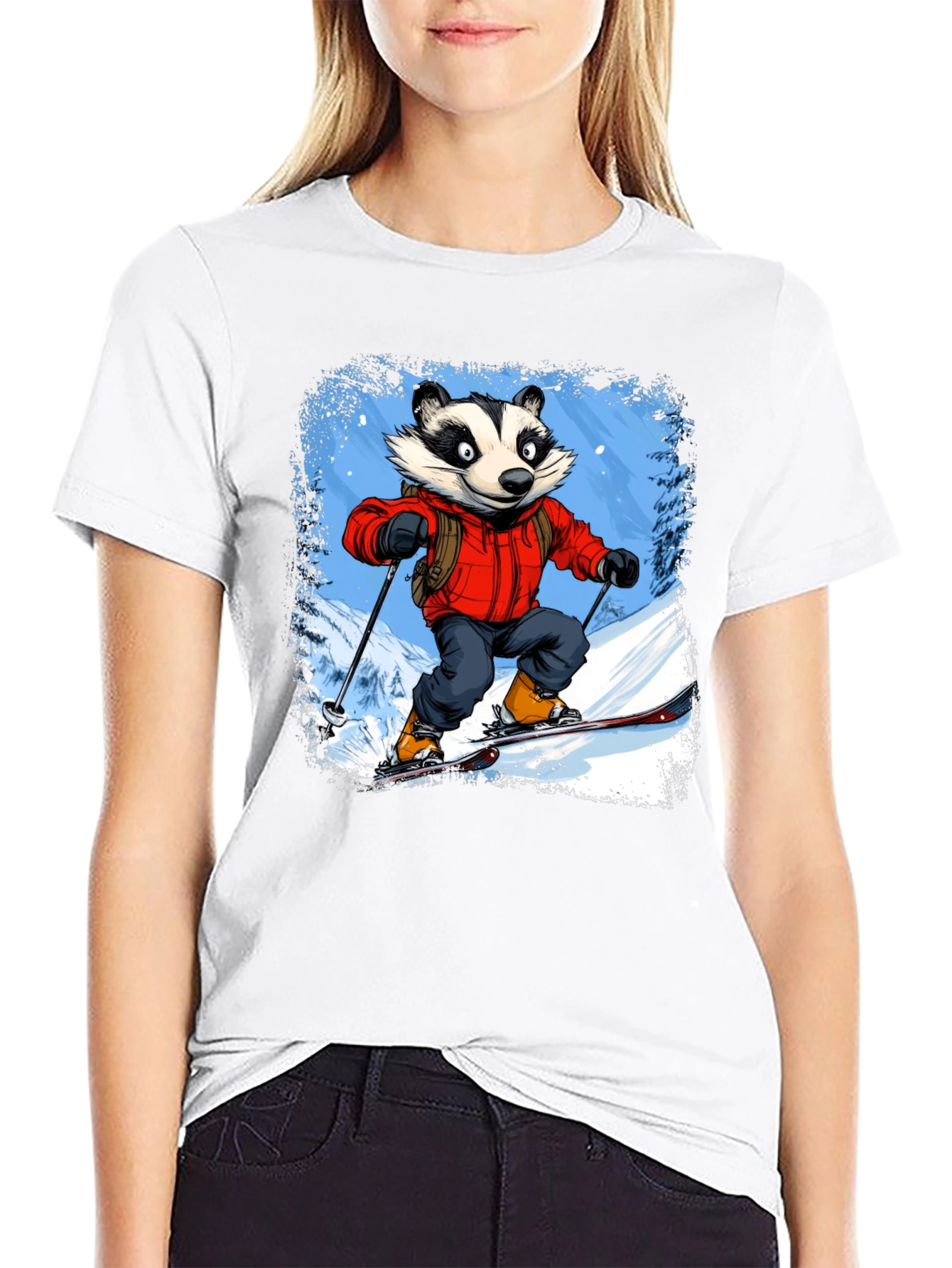 Skiing Badger Graphic Tee - Black Cotton Blend