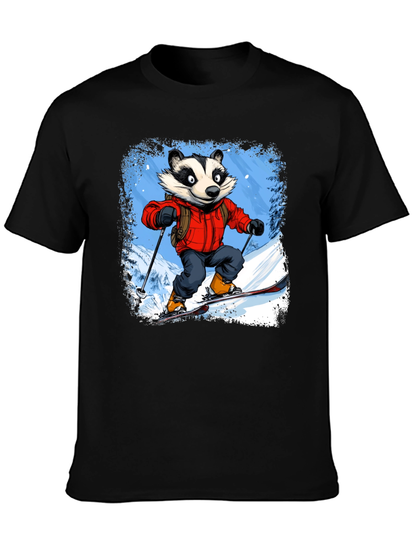 Skiing Badger Graphic Tee - Black Cotton Blend