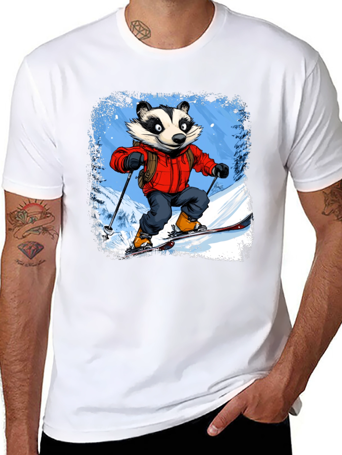 Skiing Badger Graphic Tee - Black Cotton Blend
