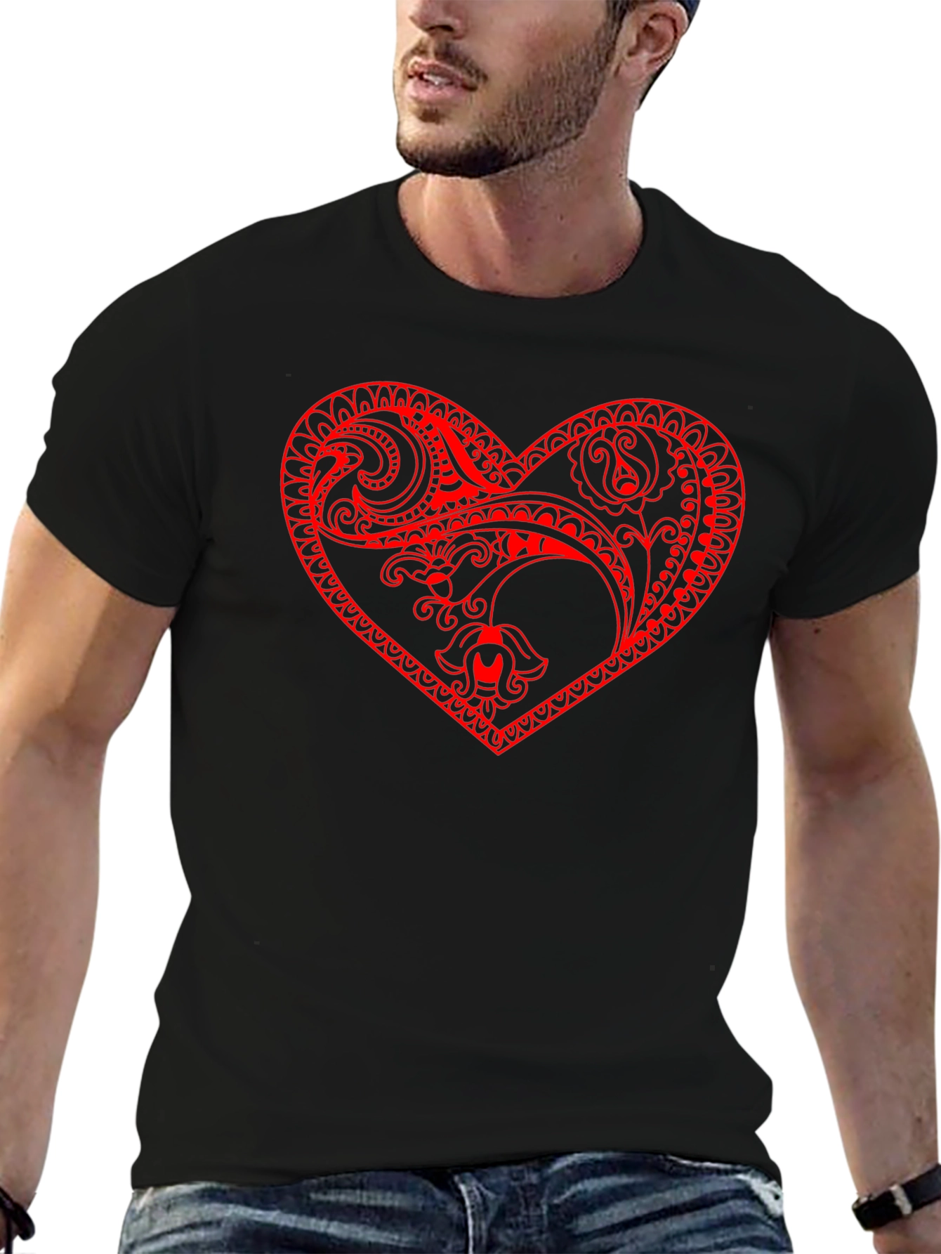 Black Tee with Red Heart Design