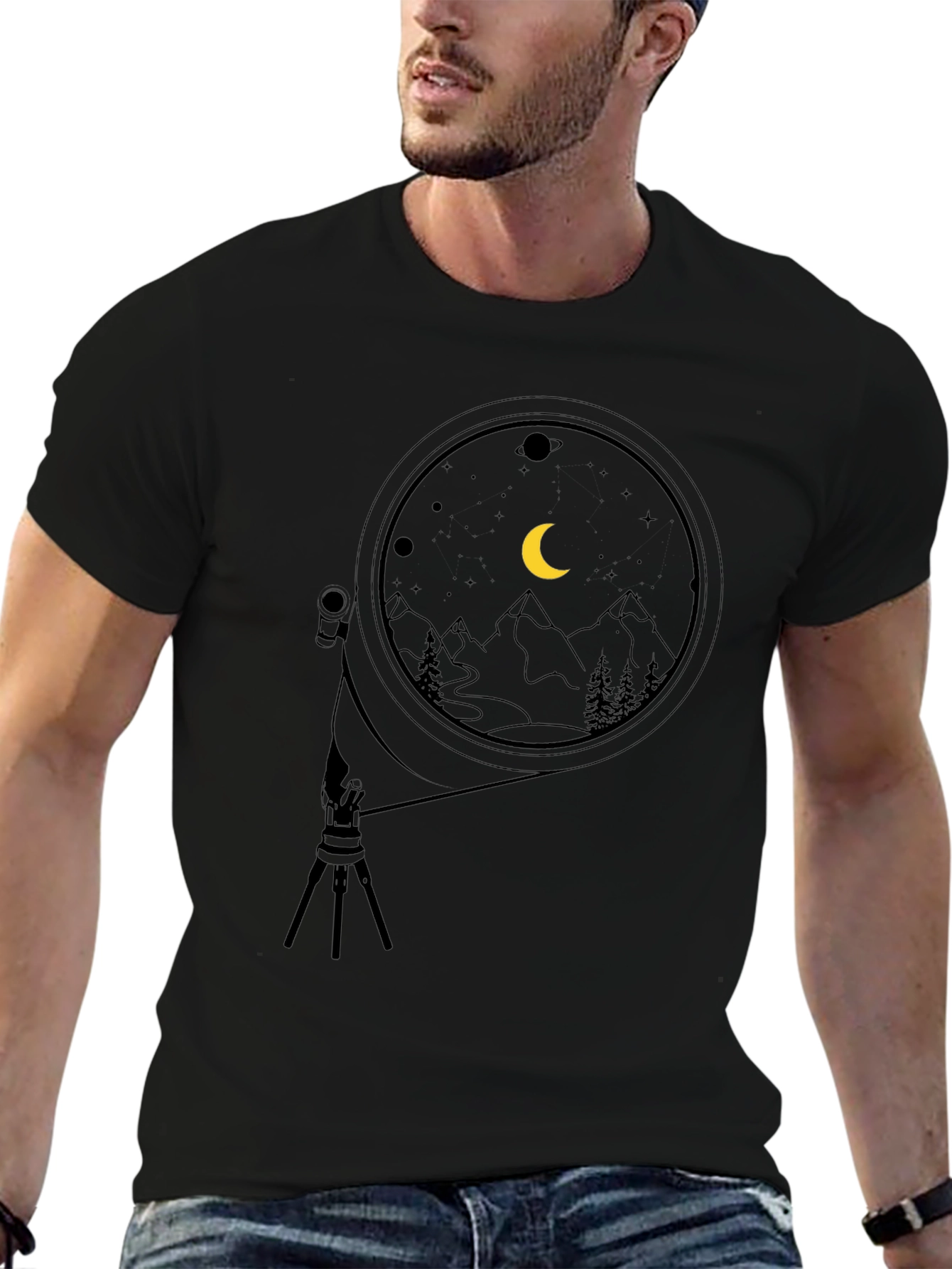Night Sky Telescope Graphic Tee - Black Cotton