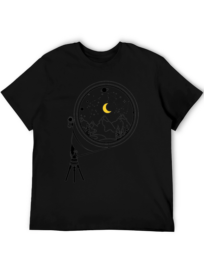 Night Sky Telescope Graphic Tee - Black Cotton