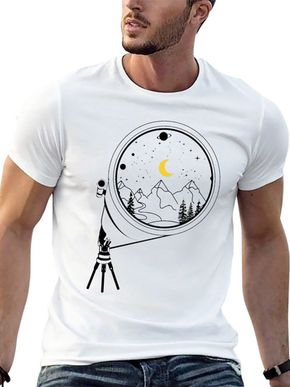 Night Sky Telescope Graphic Tee - Black Cotton