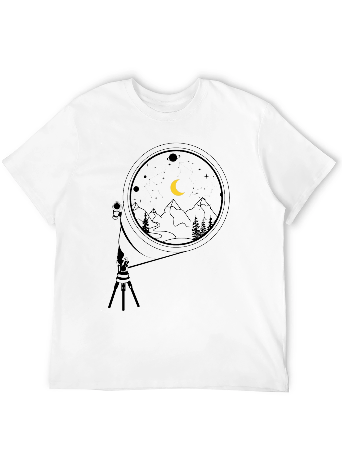 Night Sky Telescope Graphic Tee - Black Cotton