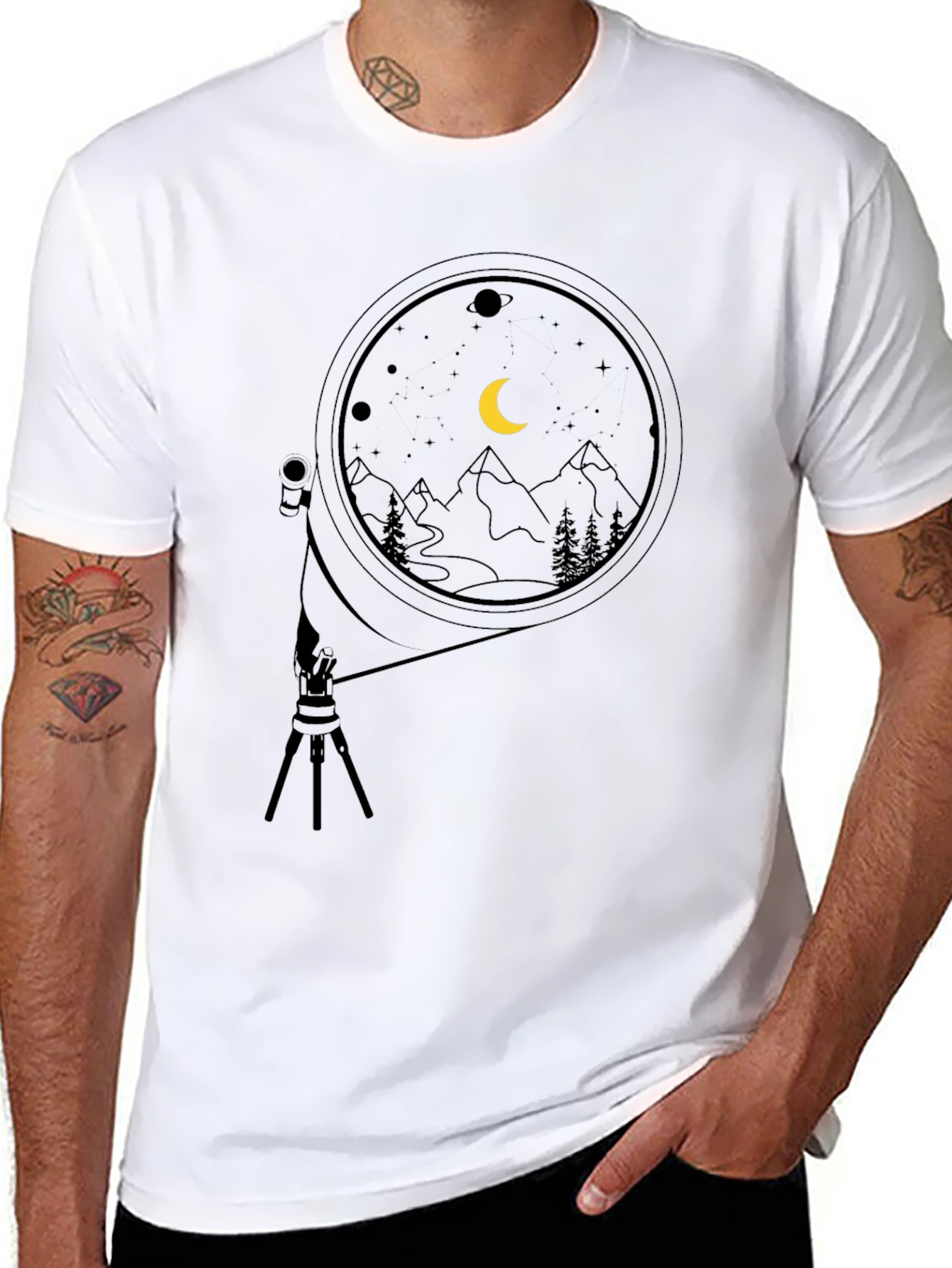 Night Sky Telescope Graphic Tee - Black Cotton
