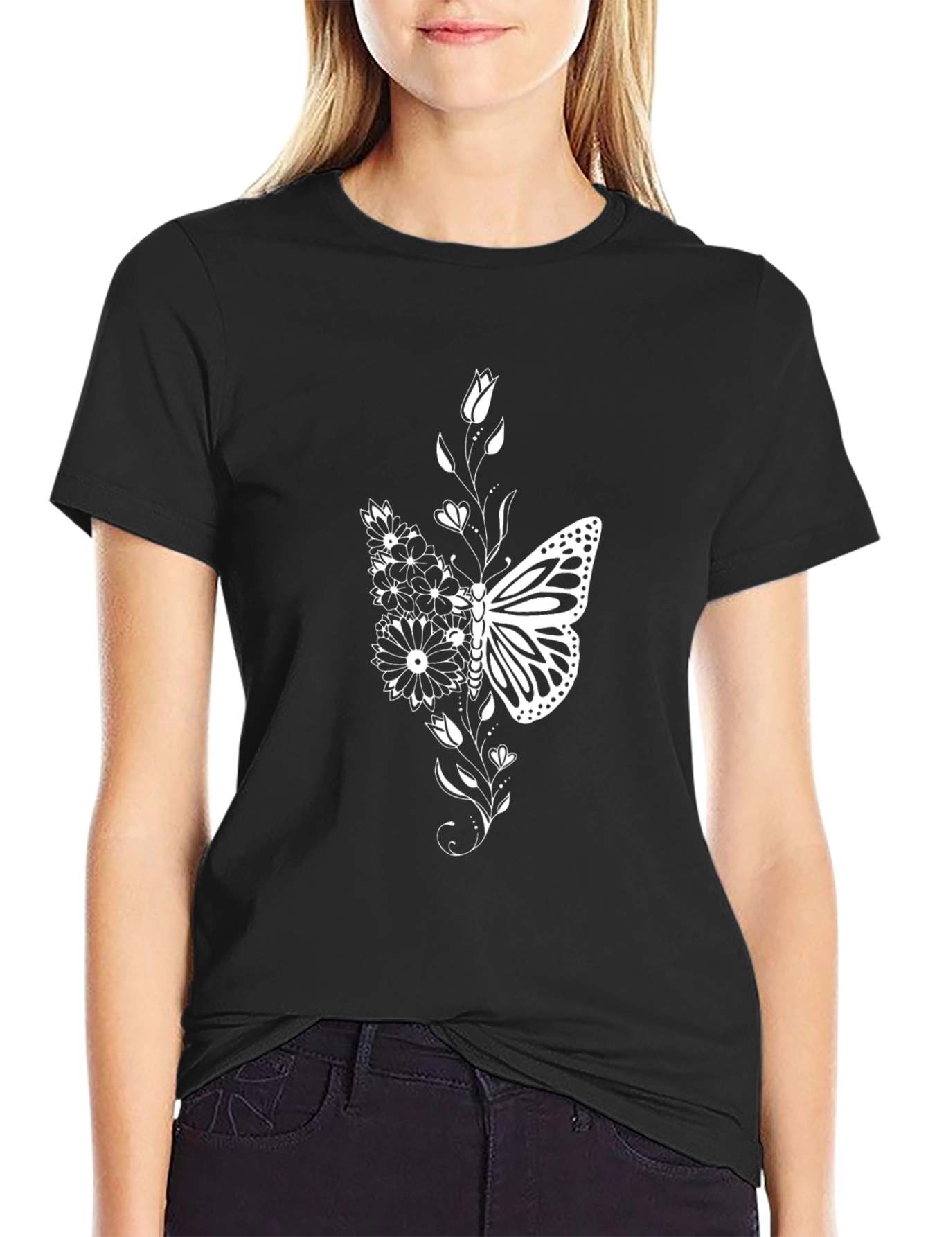 Butterfly Floral Graphic Tee - Black Cotton Blend