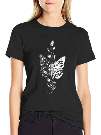 Butterfly Floral Graphic Tee - Black Cotton Blend